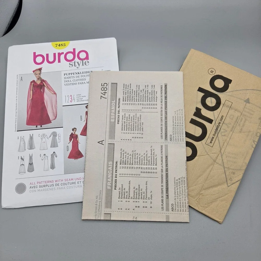 Burda Style 7485 Doll Clothes Sewing Pattern 11.5 Fashion Doll Gowns Dresses